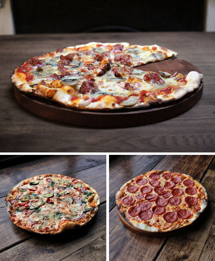Various images of delicous pizza with tasty toppings displayed on a wooden table, capturing the vibrant colors and textures of the dish.